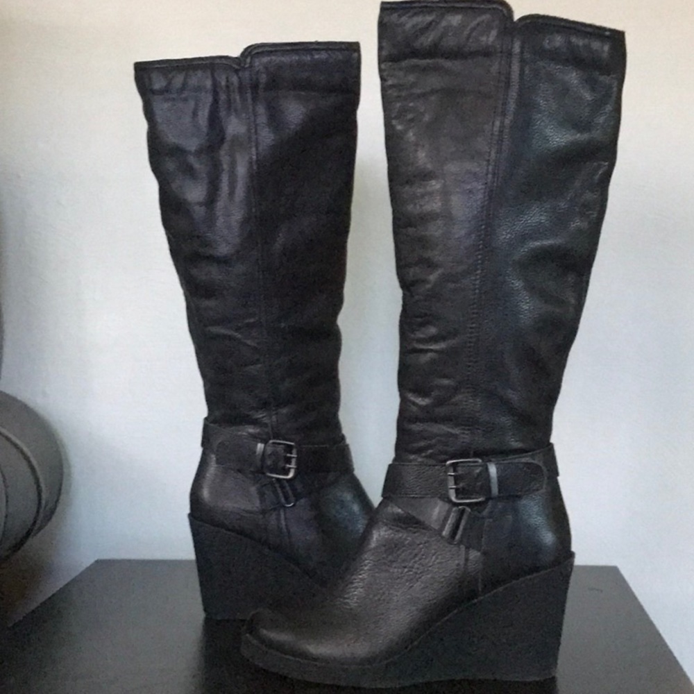 Aldo platform wedge lined knee hi leather boots